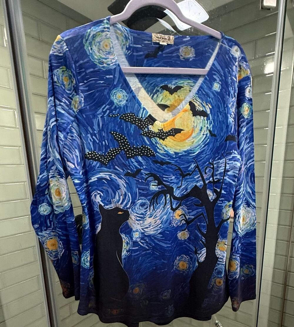 One World XL Halloween Black Cat Bats Starry Night Rhinestone Tunic Top